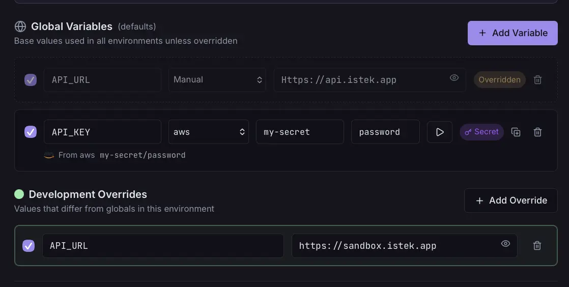 Secret variables panel with encrypted API keys and cloud provider integrations for AWS, Azure, and GCP