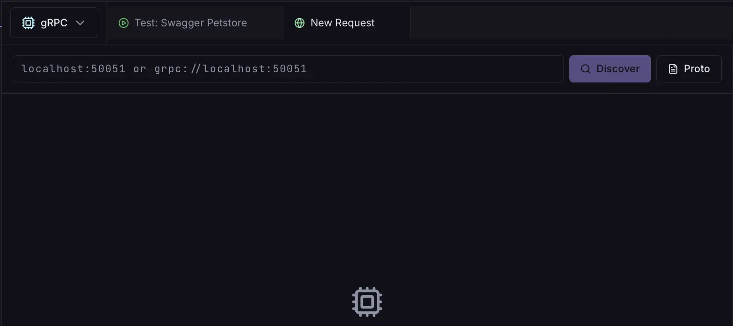 gRPC client interface with proto file support, reflection, and streaming call capabilities